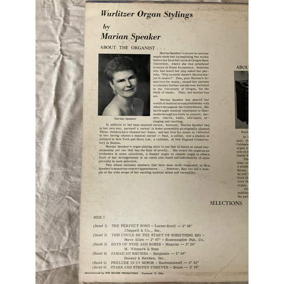 Marian Speaker: Wurlitzer Organ Stylings Vintage Vinyl Record - Picture 3 of 11